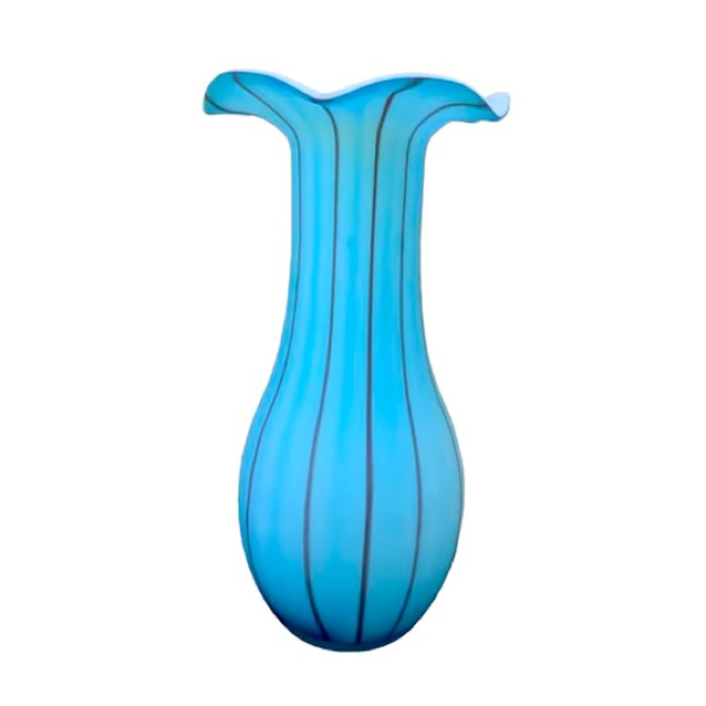 Murano Studio Art Glass Ruffled Satin Vase Blue With Dark Stripes (12")